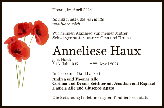 Anzeige von Anneliese Haux von Reutlinger General-Anzeiger
