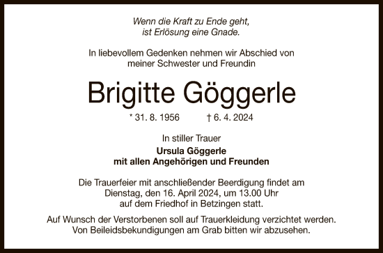 Anzeige von Brigitte Göggerle von Reutlinger General-Anzeiger
