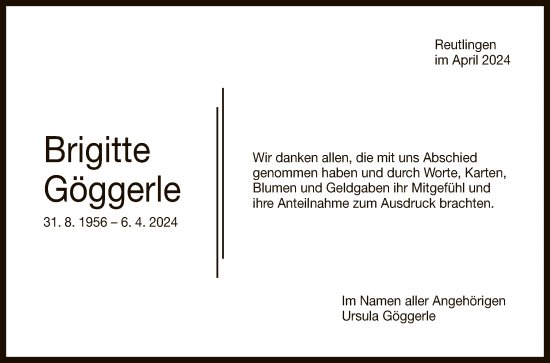 Anzeige von Brigitte Göggerle von Reutlinger General-Anzeiger
