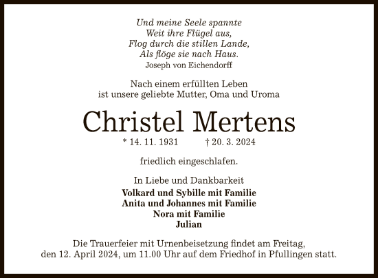 Anzeige von Christel Mertens von Reutlinger General-Anzeiger