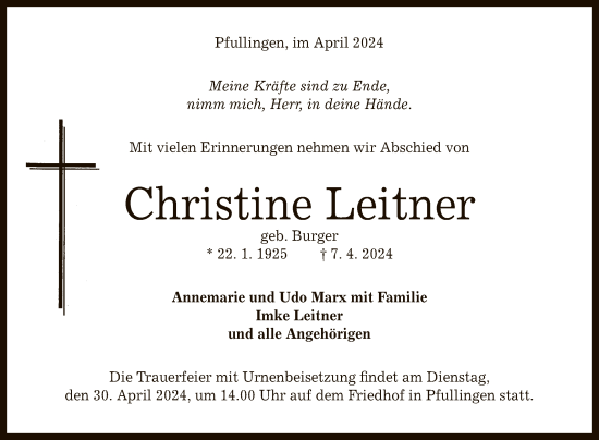 Anzeige von Christine Leitner von Reutlinger General-Anzeiger