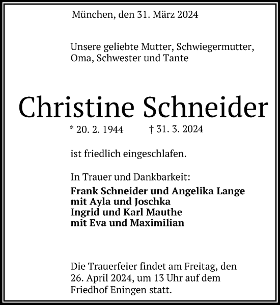 Anzeige von Christine Schneider von Reutlinger General-Anzeiger