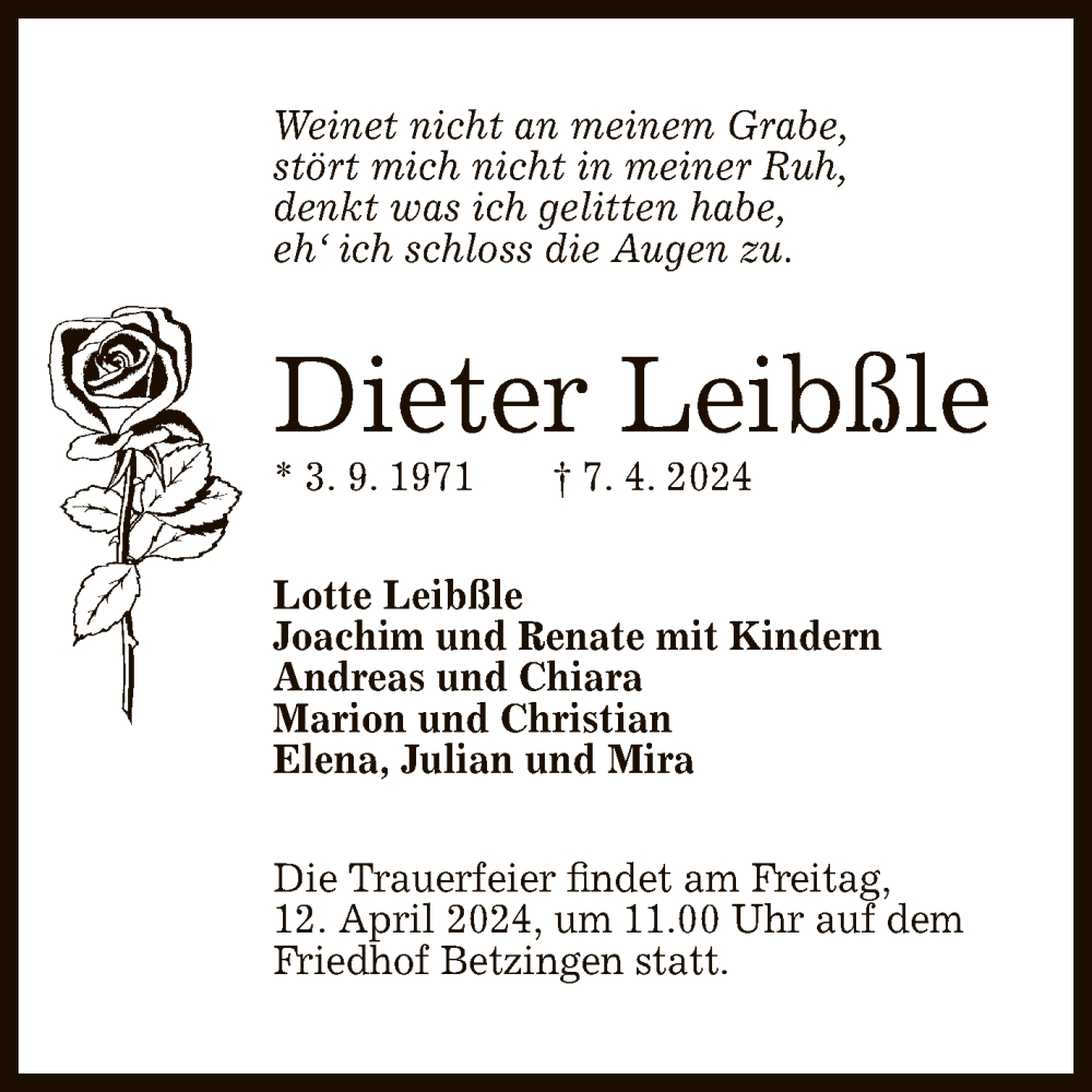  Traueranzeige für Dieter Leibßle vom 11.04.2024 aus Reutlinger General-Anzeiger