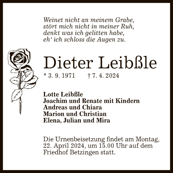 Anzeige von Dieter Leibßle von Reutlinger General-Anzeiger