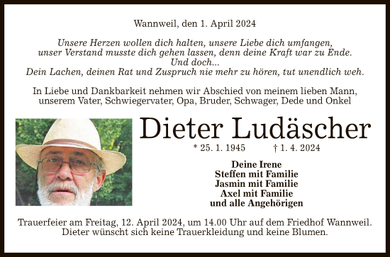 Anzeige von Dieter Ludäscher von Reutlinger General-Anzeiger