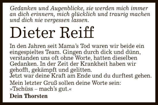 Anzeige von Dieter Reiff von Reutlinger General-Anzeiger