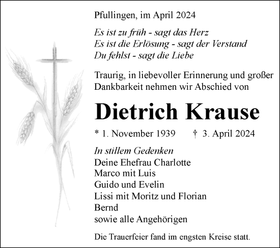 Anzeige von Dietrich Krause von Reutlinger General-Anzeiger