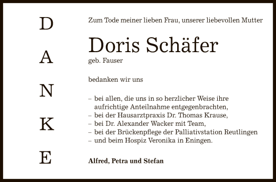 Anzeige von Doris Schäfer von Reutlinger General-Anzeiger