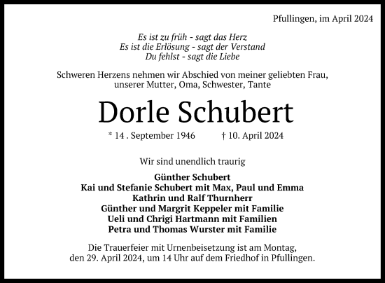 Anzeige von Dorle Schubert von Reutlinger General-Anzeiger
