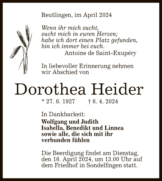 Anzeige von Dorothea Heider von Reutlinger General-Anzeiger