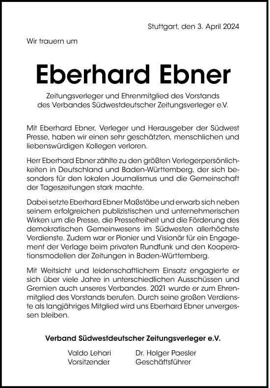 Anzeige von Eberhard Ebner von Reutlinger General-Anzeiger