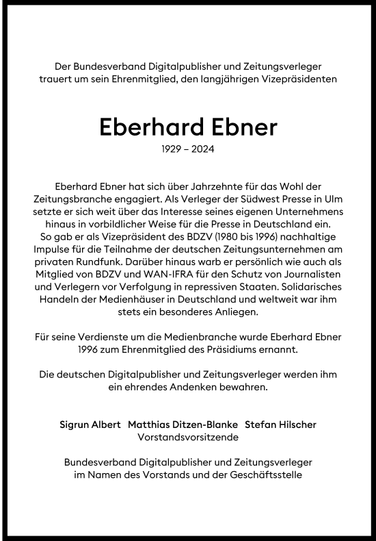 Anzeige von Eberhard Ebner von Reutlinger General-Anzeiger