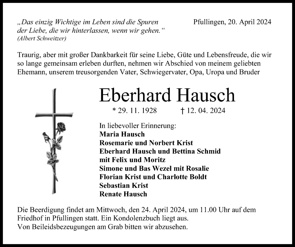  Traueranzeige für Eberhard Hausch vom 20.04.2024 aus Reutlinger General-Anzeiger