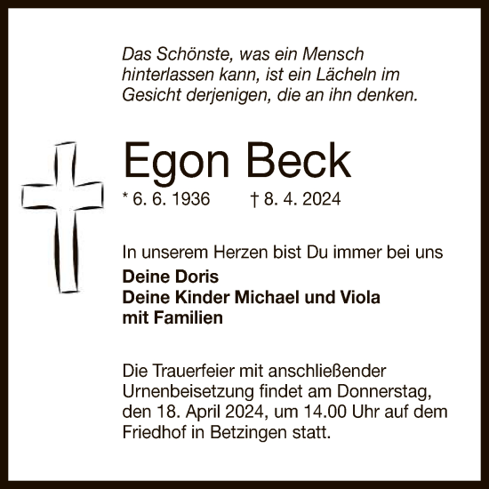 Anzeige von Egon Beck von Reutlinger General-Anzeiger