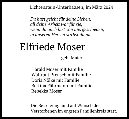 Anzeige von Elfriede Moser von Reutlinger General-Anzeiger