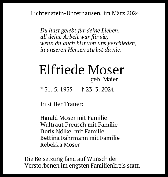 Anzeige von Elfriede Moser von Reutlinger General-Anzeiger