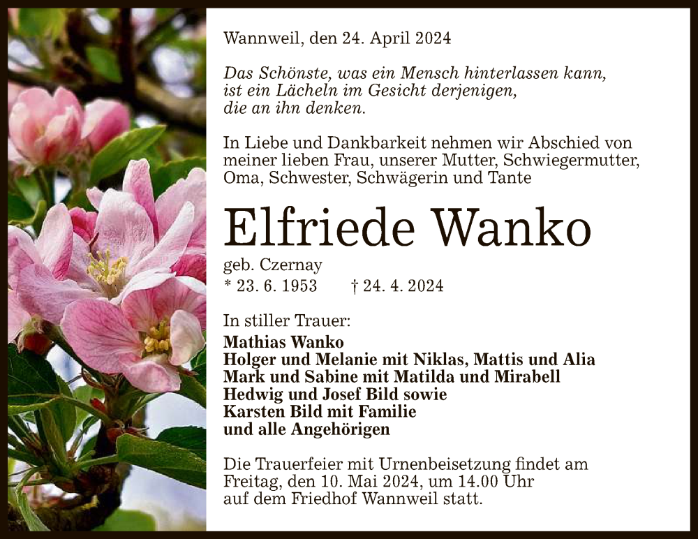  Traueranzeige für Elfriede Wanko vom 30.04.2024 aus Reutlinger General-Anzeiger