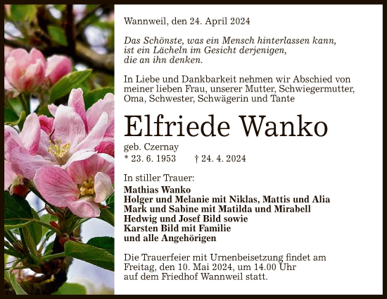 Anzeige von Elfriede Wanko von Reutlinger General-Anzeiger