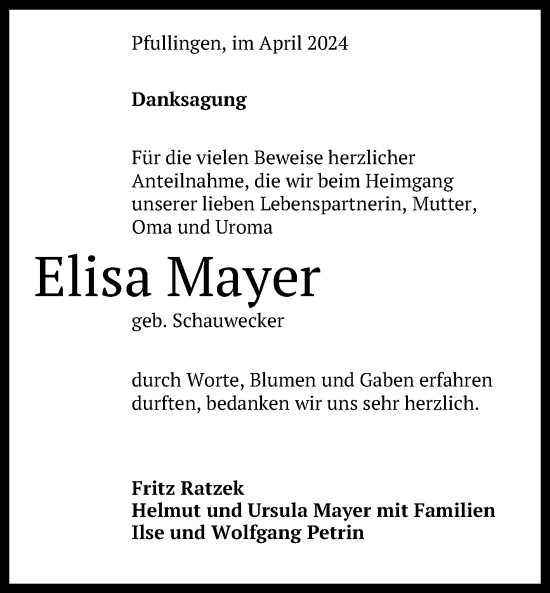 Anzeige von Elisa Mayer von Reutlinger General-Anzeiger