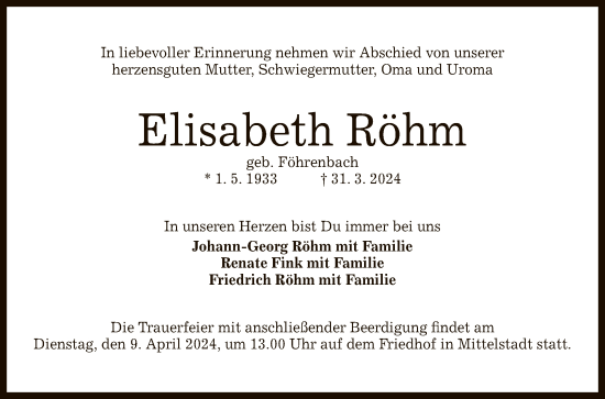 Anzeige von Elisabeth Röhm von Reutlinger General-Anzeiger
