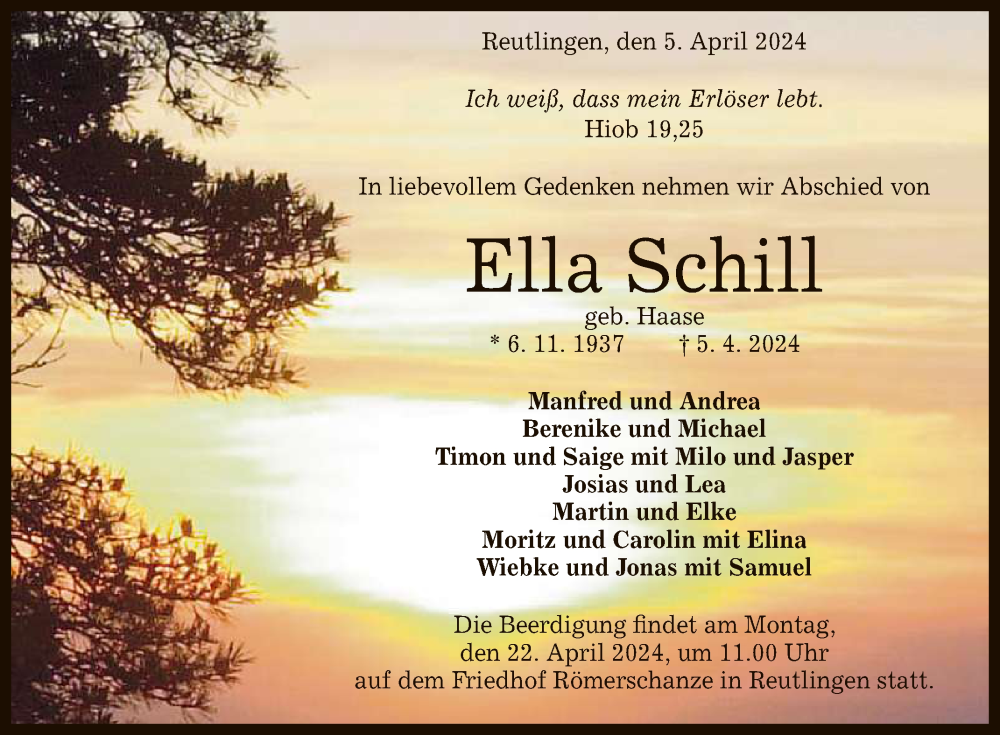  Traueranzeige für Ella Schill vom 13.04.2024 aus Reutlinger General-Anzeiger
