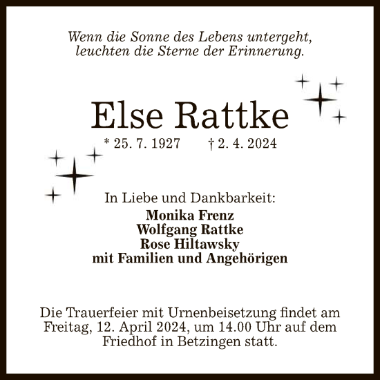 Anzeige von Else Rattke von Reutlinger General-Anzeiger