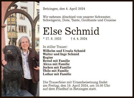 Anzeige von Else Schmid von Reutlinger General-Anzeiger