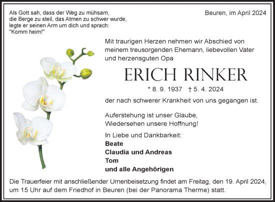 Anzeige von Erich Rinker von Reutlinger General-Anzeiger