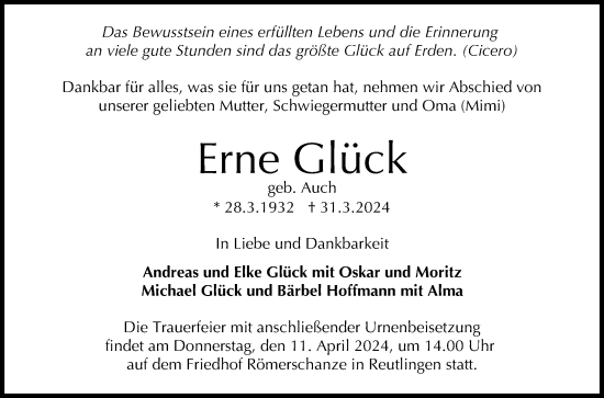 Anzeige von Erne Glück von Reutlinger General-Anzeiger