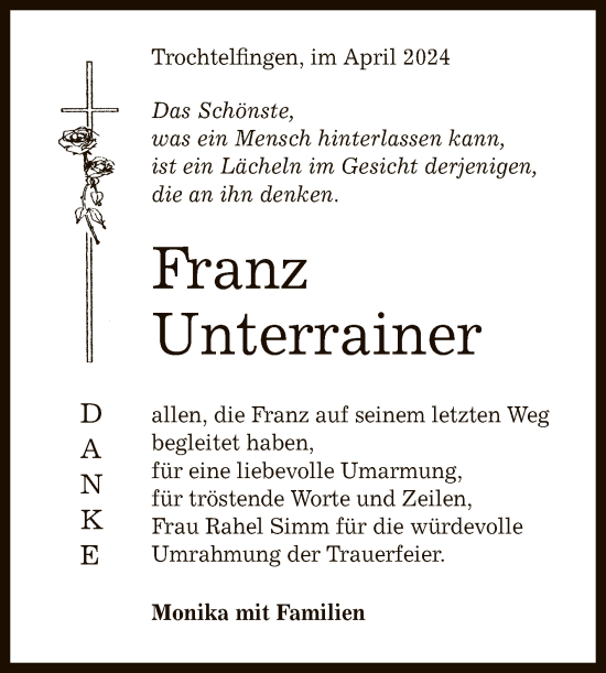 Anzeige von Franz Unterrainer von Reutlinger General-Anzeiger