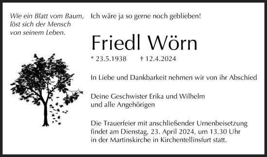 Anzeige von Friedl Wörn von Reutlinger General-Anzeiger