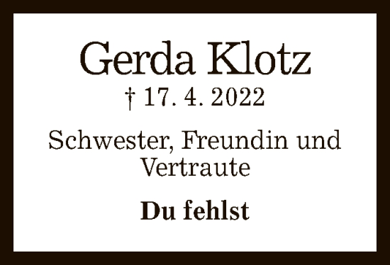 Anzeige von Gerda Klotz von Reutlinger General-Anzeiger