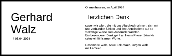 Anzeige von Gerhard Walz von Reutlinger General-Anzeiger