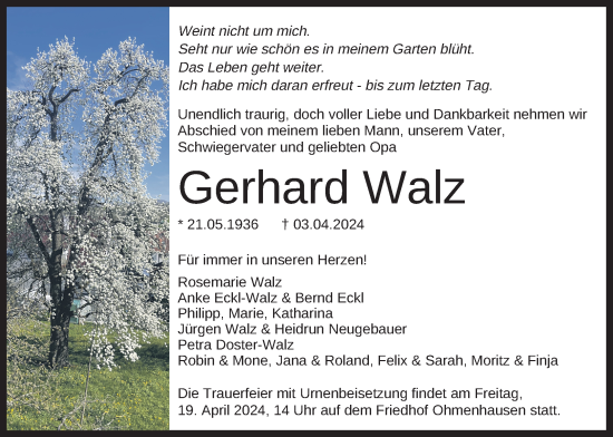 Anzeige von Gerhard Walz von Reutlinger General-Anzeiger