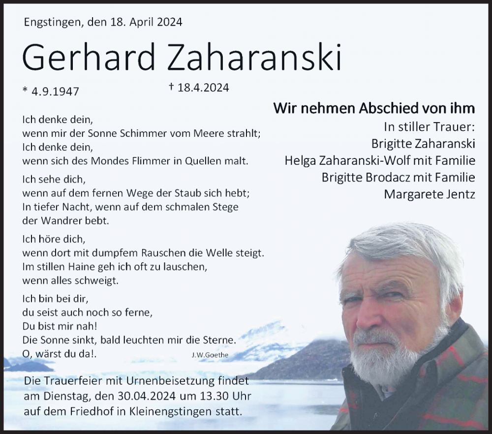  Traueranzeige für Gerhard Zaharanski vom 27.04.2024 aus Reutlinger General-Anzeiger