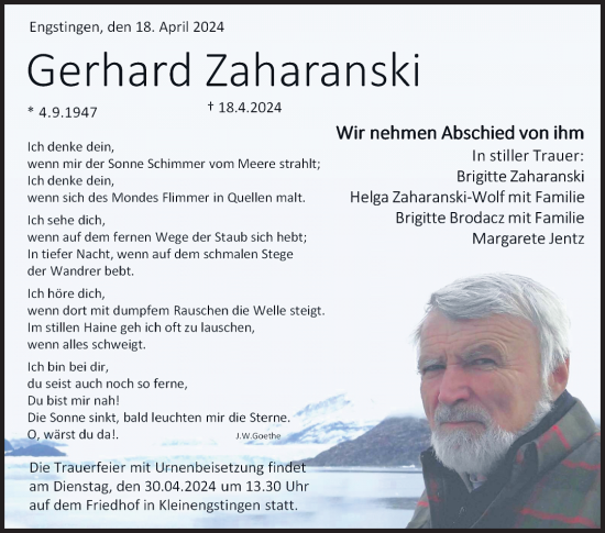 Anzeige von Gerhard Zaharanski von Reutlinger General-Anzeiger