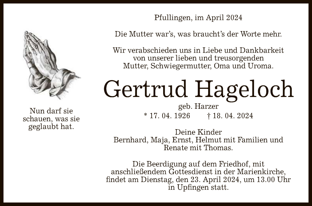  Traueranzeige für Gertrud Hageloch vom 20.04.2024 aus Reutlinger General-Anzeiger