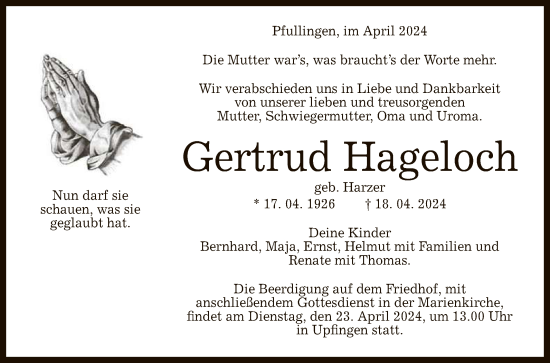 Anzeige von Gertrud Hageloch von Reutlinger General-Anzeiger