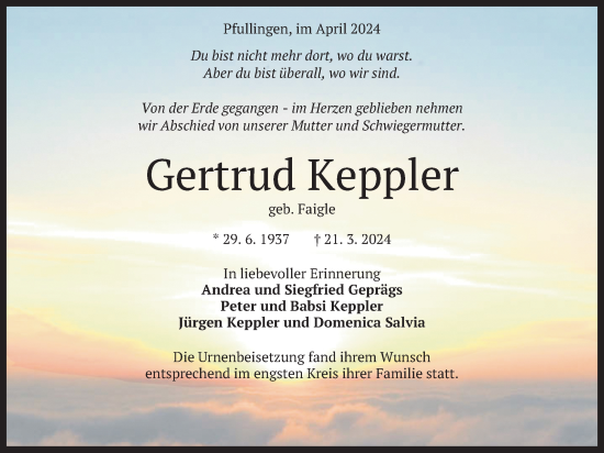 Anzeige von Gertrud Keppler von Reutlinger General-Anzeiger