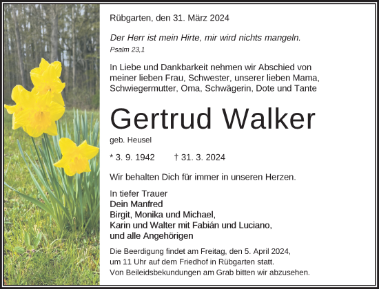 Anzeige von Gertrud Walker von Reutlinger General-Anzeiger