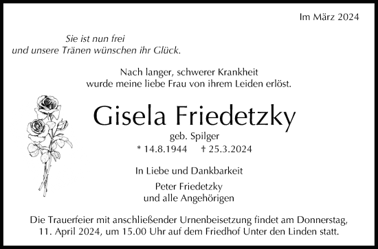 Anzeige von Gisela Friedetzky von Reutlinger General-Anzeiger