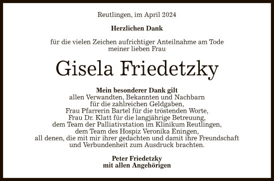 Anzeige von Gisela Friedetzky von Reutlinger General-Anzeiger