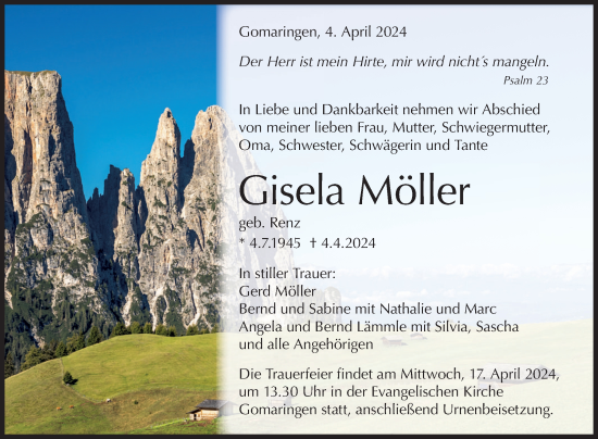 Anzeige von Gisela Möller von Reutlinger General-Anzeiger