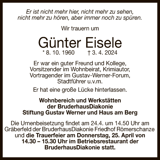 Anzeige von Günter Eisele von Reutlinger General-Anzeiger