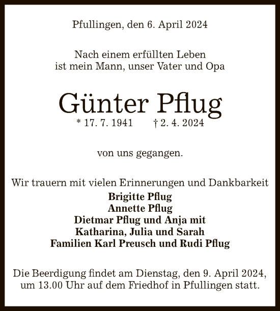 Anzeige von Günter Pflug von Reutlinger General-Anzeiger