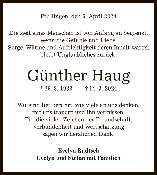 Anzeige von Günther Haug von Reutlinger General-Anzeiger
