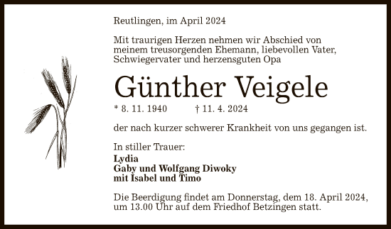 Anzeige von Günther Veigele von Reutlinger General-Anzeiger