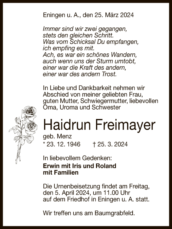 Anzeige von Haidrun Freimayer von Reutlinger General-Anzeiger