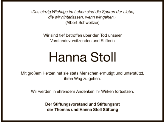 Anzeige von Hanna Stoll von Reutlinger General-Anzeiger