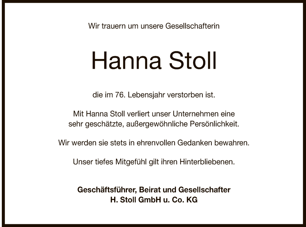  Traueranzeige für Hanna Stoll vom 13.04.2024 aus Reutlinger General-Anzeiger